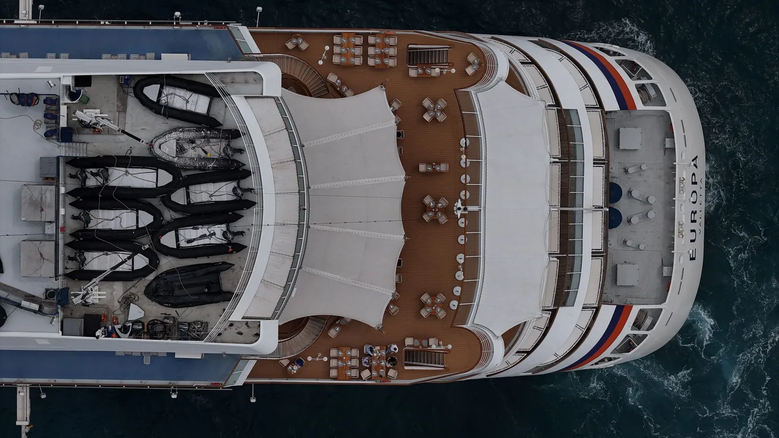 The deck of a cruise ship seen from directly above
